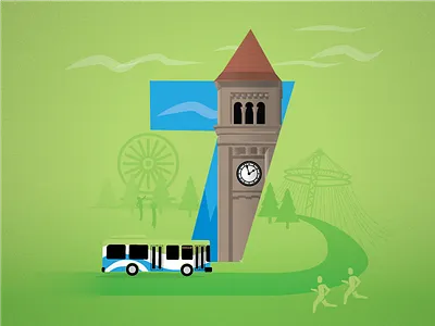 7 - STA Visit Spokane 7 bus clock clock tower ferris wheel flat illustration runners spokane tower