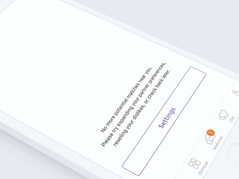 Dating app. No more people near you. animation clean ios motion placeholder tumbleweed ui ux white