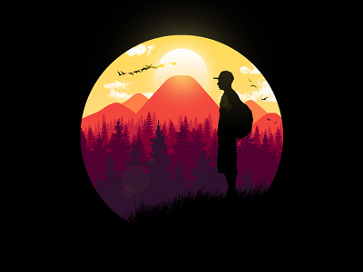 The Wanderer adventure boy bright design flat forest gradient graphic design hills illustration journey male man mountains photoshop sunrise sunshine travel wanderlust warm