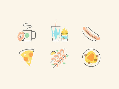 Mid-century Food 2 coffee donut food hot dog icons mid century pizza shrimp spaghetti vintage