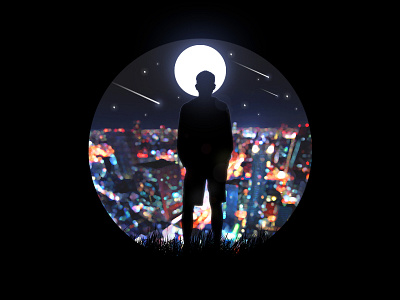 City at Night alone art boy city city lights design flat graphic design illustration male man midnight moon night observe photoshop skyline stars urban watch