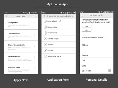 My License App - Screens showing online application journey best design designer ethnography india license mobile portfolio research user experience ux wireframe