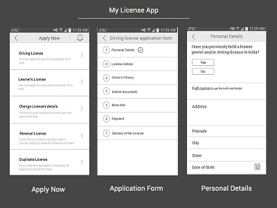 My License App - Screens showing online application journey best design designer ethnography india license mobile portfolio research user experience ux wireframe