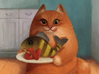Hungry cat and fish book character colors concept art digital draw illustration layers painting photoshop sketch