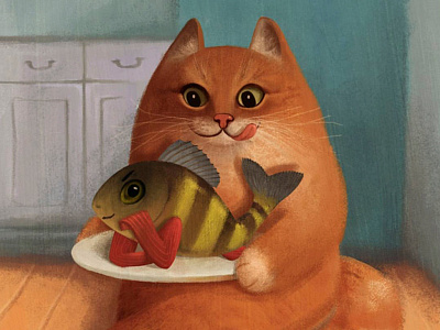 Hungry cat and fish book character colors concept art digital draw illustration layers painting photoshop sketch
