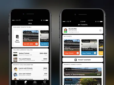 Selling and My Tickets Tabs 7 app cards iphone jet black mockup plus sell tickets ui white wireframe