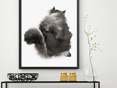 Watercolor "Fluffy Cat" black white black cat kitty minimalism painting