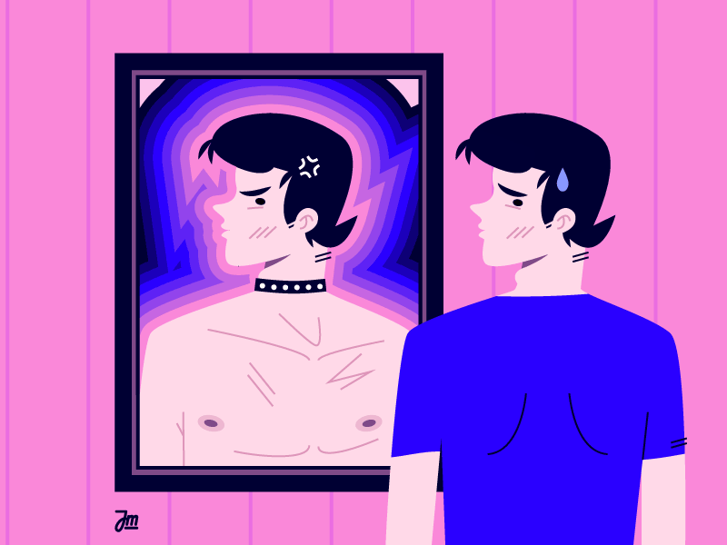 Mirror, mirror on the wall boy character flat illustration man mirror naked nipples pink vector