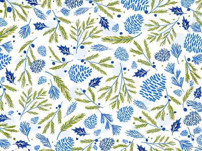 Woodsy Winter Pattern blue floral flowers forest greenery pattern pinecone twigs winter