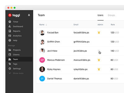 Team List sidebar toggl ui web web app