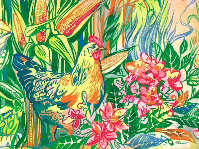 Cluck, cluck art bird chicken colour digital editorial flowers foliage illustration ink vegetation