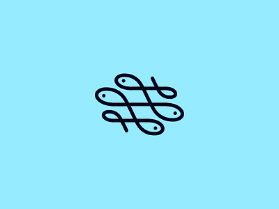 Swash Fish blue sea navy curves curvy wave fish hooks rope flat line logomark food seafood icon logo marine sailor one line restaurant simple minimal swash ornament wild animal