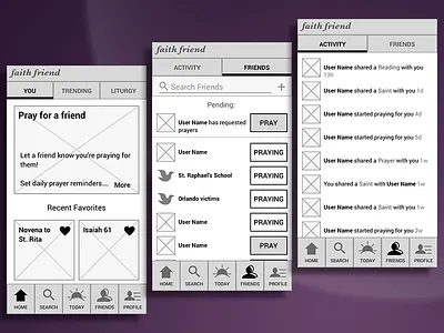 Wireframes for Digital Devotional App bible catholic iphone mobile prayer religious saints social app wireframes