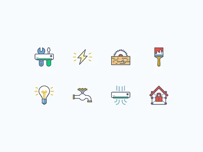 Service icons set ac brush bulb epic tools icon set light lock service tools