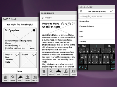 Wireframes for Digital Devotional App - Daily bible catholic iphone mobile prayer religious saints social app wireframes