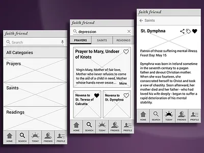 Wireframes for Digital Devotional App - Search Flow bible catholic iphone mobile prayer religious saints social app wireframes