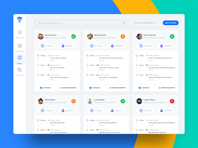 Patient Listing, history - Macapp app appointment cards clean colourfull design doctor filter graph schedule task