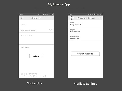 My License App - Contact us, Profile & settings best design designer ethnography india license mobile portfolio research user experience ux wireframe