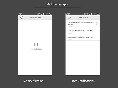 My License App - Notification screens best design designer ethnography india license mobile portfolio research user experience ux wireframe