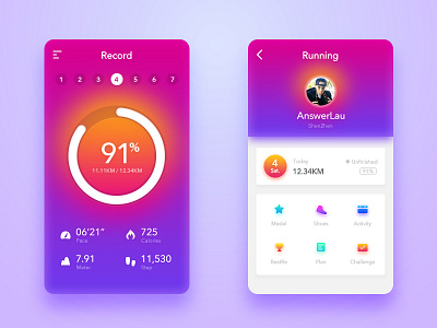 2017#Shot5 Running Plan APP app card character color data profile red running social statistics team ui