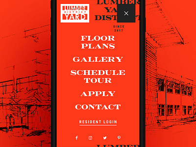 The Lumberyard District - Navigation apartment bold branding login mobile modern navigation red ui user experience user interface ux