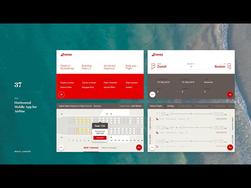 Airline App Overview Presentation Deck airline animation app check in horizontal mobile presentation seat selector seats travel