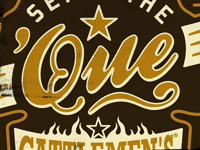 Cattlemen’s Seize the ’Que Detail badge barbecue bbq cattlemens decorative emblem logo ornate que shield star vintage