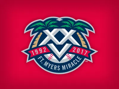 Ft. Myers Miracle 25th Anniversary 25 anniversary baseball logo palm trees roman numerals studio simon
