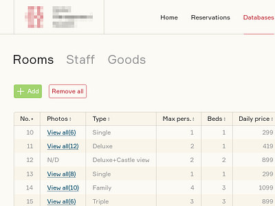 Hotel Rooms Data Table button dashboard data hotel information table ui ux web