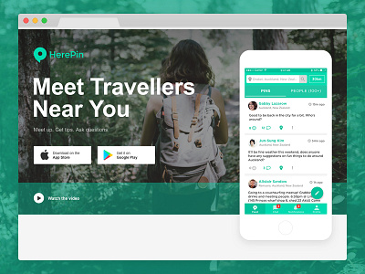 HerePin Hero android app branding hero iphone mobile screenshot travel traveller turquoise web