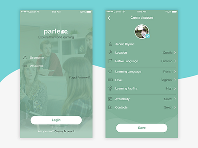 Parleoo account app flat interface ios language learn login ui ux