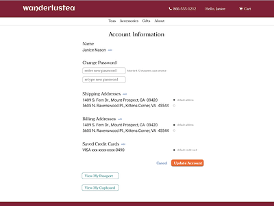 Profile page for ecommerce store ecommerce checkout tea uid wanderlustea