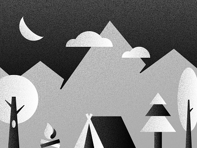 Night in the forest camp forest grain illustration minimal minimalist mountain noise retro style texture vintage