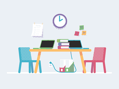 Project work books desk dots flat group laptops notebooks patterns project university work workplace