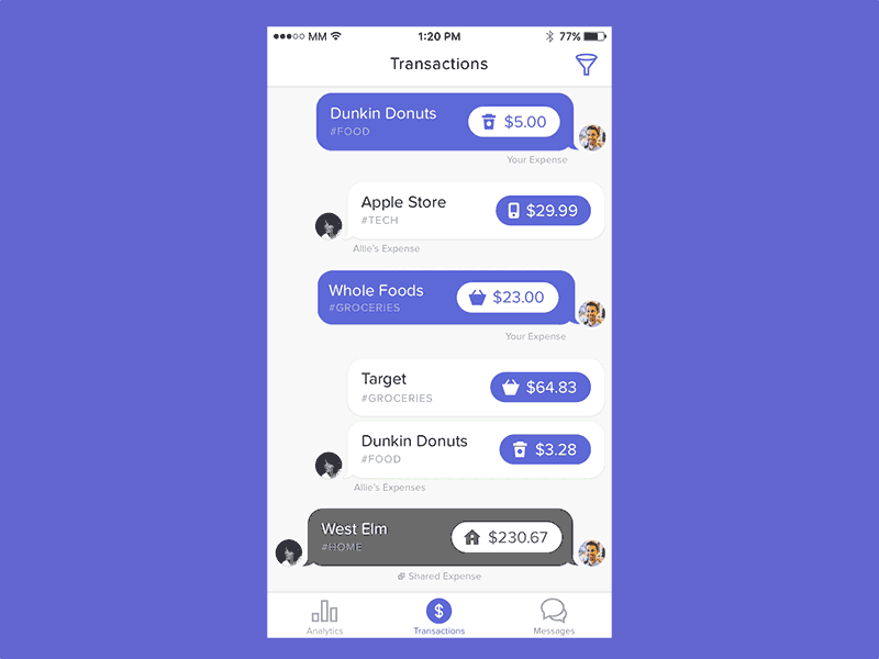 Shared Transactions - Animation animation chat design finance money purple ui user experience user interface ux