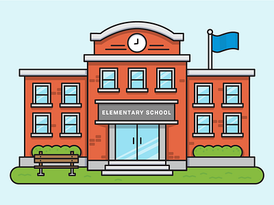 School is cool bench brick building door flat glass icon illustration line school vector windows