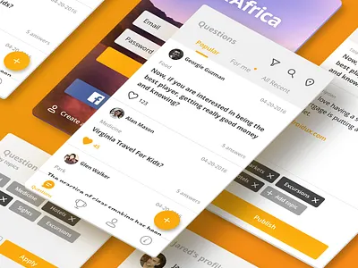 "Questions" and other screens accent answer app flat likes orange question quora social tourism travel ux