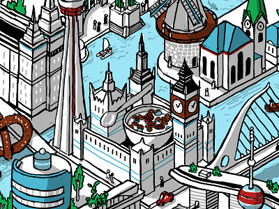 Landmarks and food mural sketch - crop 2 amsterdam architecture big ben cereal drawing dublin food isometric mural sketch