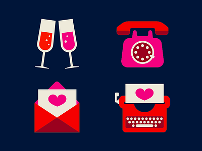 Valentine's Day Icons champagne envelope heart icons love romance rotary phone typewriter valentines day