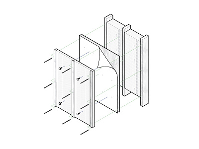 Wall Assembly - Exploded view exploded view insulation monochromatic screws wood