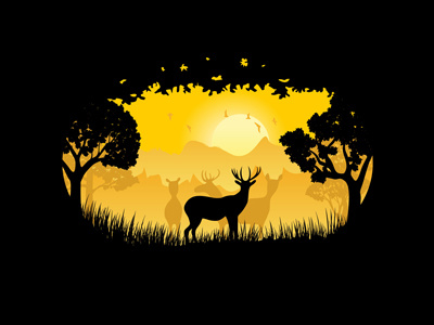 Deer deer gras illustration landscape mountains nature sun tree