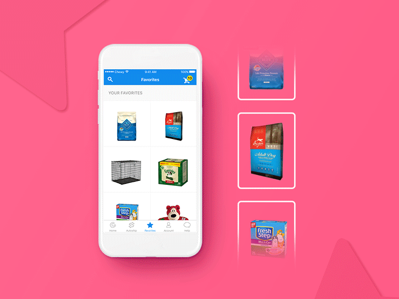 Favorites Section animation app chewy color creative dog favorite food pet transition ui ux