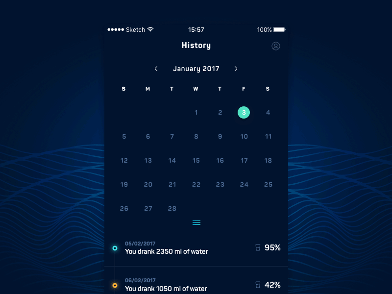 History Tab for Water Hydration Reminder & Tracker app application calendar drinking history hydration intake ios mobile reminder tracker water
