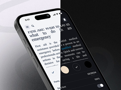 Mobile Book: Customizable Reading Experience accessibility animation app mode dark mode dark ui design design inspitation ebook font size light mode light ui medical app mobile app product design styles transition typography ui design uiux ux design