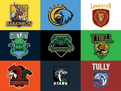 Game of thrones - houses emblems baratheon deer head deer logo fish game lannister lion lion logo logo marszalek marvel marvel studios marvelcomics of rose stark thrones tyrell vector