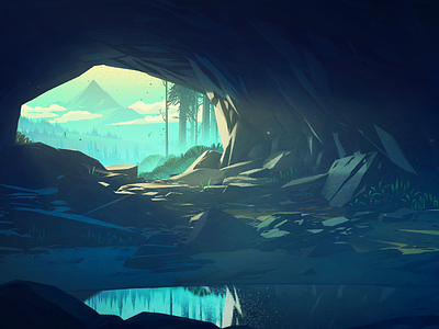 Cave concept art environment illustration mountain rocks stones water