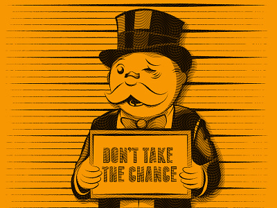 When the fun stops, stop. black eye board game chance engraved illustration jail man money monopoly mugshot risk