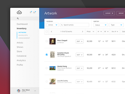Artcloud App art dashboard grey light list table