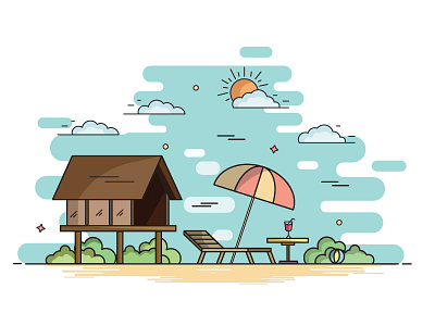 The Beach ball beach beach bench beach house beach umbrella bushes clouds desk glass illustration juice sun