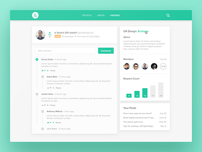 Hiley Havens app comments design flat green link nested post profile ui web website